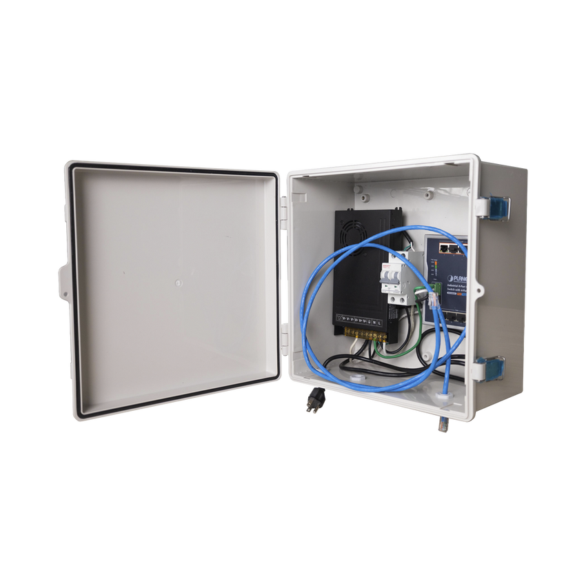 Switch para exterior / 8 puertos Gigabit con 4 puertos PoE 802.3at / Protección térmica 2P, 16A, Corriente Alterna 400 Vca