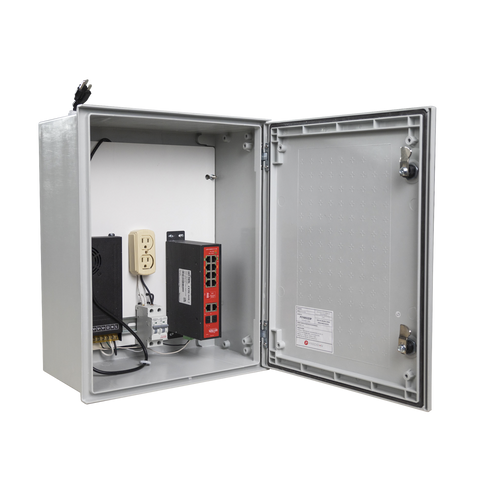 Switch PoE Industrial para exterior / 8 puertos Gigabit con 8 puertos PoE 802.3at / Protección térmica 2P, 16A, Corriente Alterna 400 Vca
