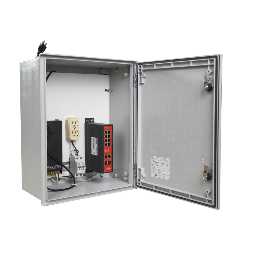 Switch PoE Industrial para exterior / 8 puertos Gigabit con 8 puertos PoE 802.3at / Protección térmica 2P, 16A, Corriente Alterna 400 Vca
