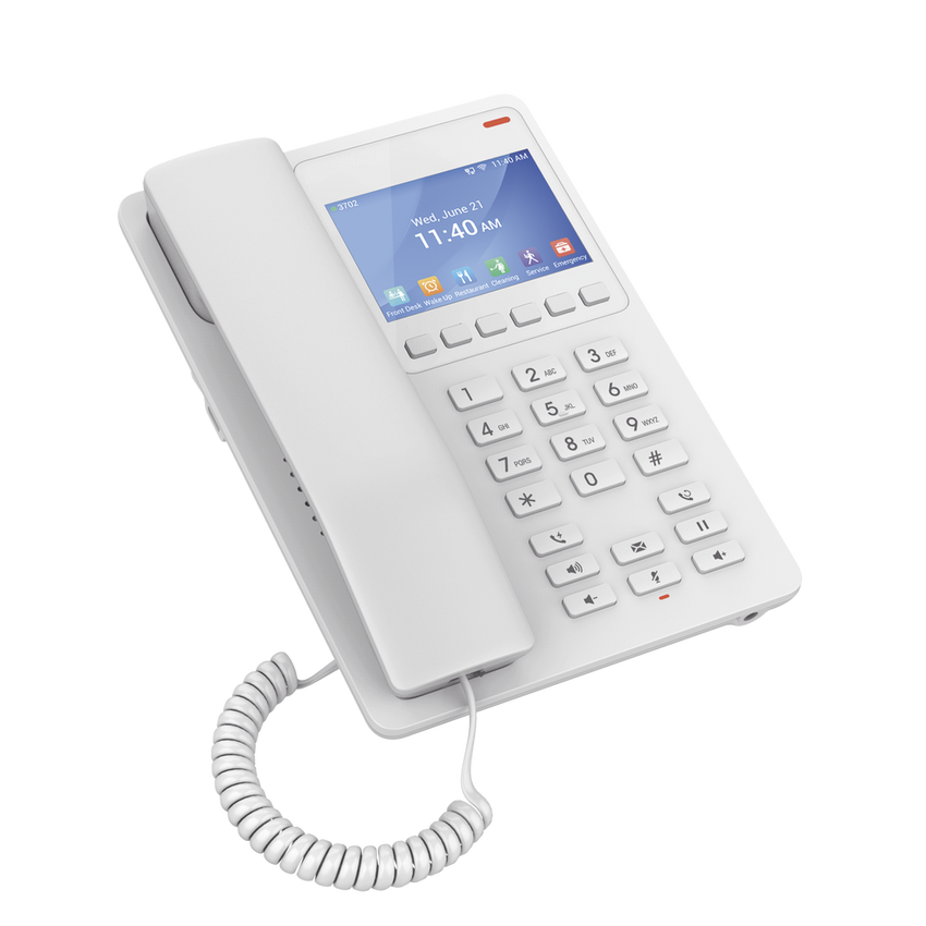 Teléfono IP WiFi Hotelero con pantalla LCD a color, 2 líneas SIP con 2 cuentas, codec Opus, IPV4/IPV6, color blanco, con gestión en la nube GDMS