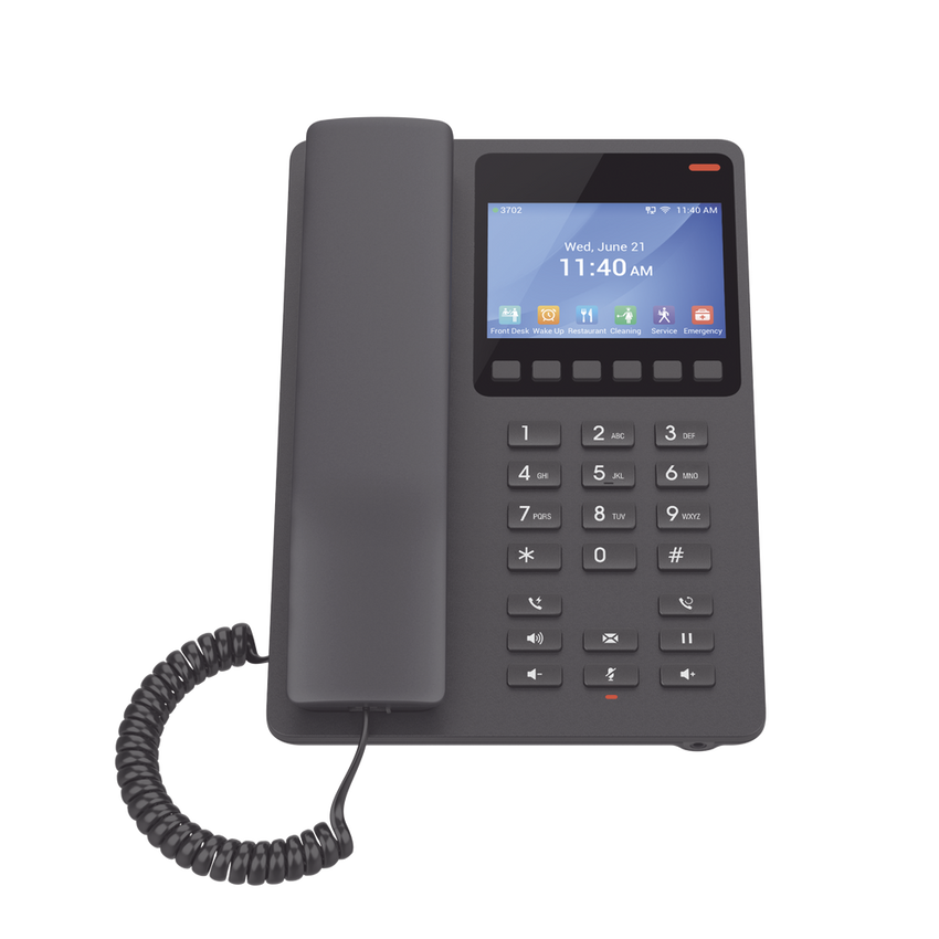 Teléfono IP WiFi Hotelero con pantalla LCD a color, 2 líneas SIP con 2 cuentas, codec Opus, IPV4/IPV6, color negro, con gestión en la nube GDMS