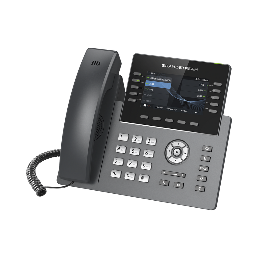 Teléfono IP Wi-Fi, Grado Operador, 10 líneas SIP con 5 cuentas, pantalla a color 4.3", puertos Gigabit, Bluetooth, PoE, codec Opus, IPV4/IPV6 con gestión en la nube GDMS