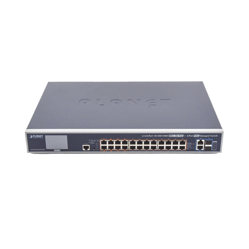 Switch Administrable L3, 24 puertos Gigabit PoE 802.3bt, 2 puertos 10G SFP+, Pantalla Tactil, Fuente Redundante, (600W)