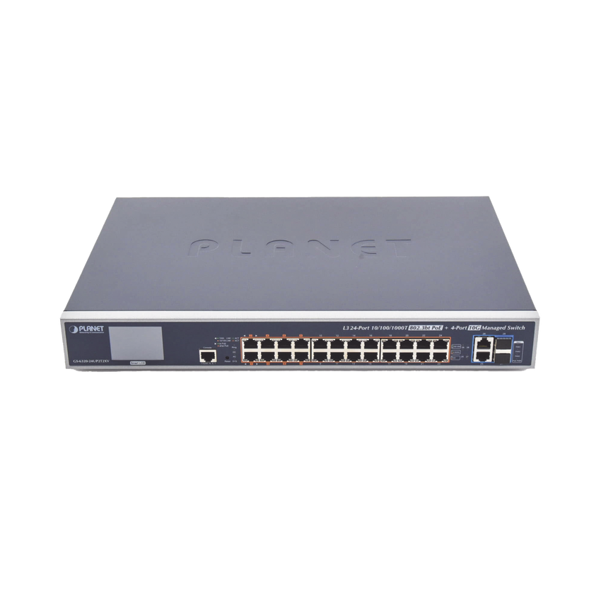 Switch Administrable L3, 24 puertos Gigabit PoE 802.3bt, 2 puertos 10G SFP+, Pantalla Tactil, Fuente Redundante, (600W)