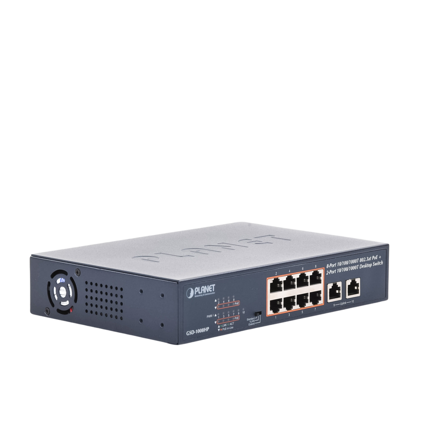 Switch de Escritorio No Administrable / 8 Puertos 10/100/1000T PoE+ 802.3at / 2 Puertos Uplink 10/100/1000T / Presupuesto PoE 120 Watts / Modos Estándar, VLAN y Extend / Distancia Extendida 250 mts / Rackeable