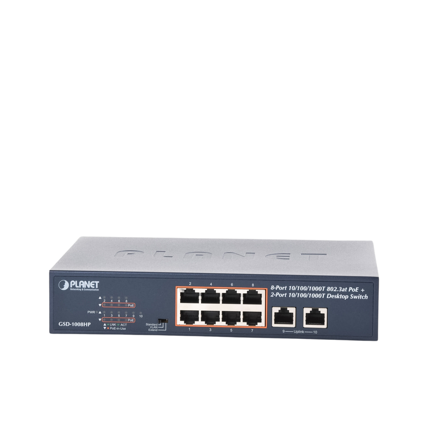 Switch de Escritorio No Administrable / 8 Puertos 10/100/1000T PoE+ 802.3at / 2 Puertos Uplink 10/100/1000T / Presupuesto PoE 120 Watts / Modos Estándar, VLAN y Extend / Distancia Extendida 250 mts / Rackeable