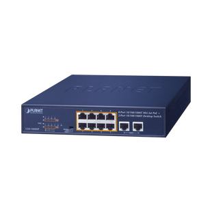 Switch de Escritorio No Administrable / 8 Puertos 10/100/1000T PoE+ 802.3at / 2 Puertos Uplink 10/100/1000T / Presupuesto PoE 120 Watts / Modos Estándar, VLAN y Extend / Distancia Extendida 250 mts / Rackeable