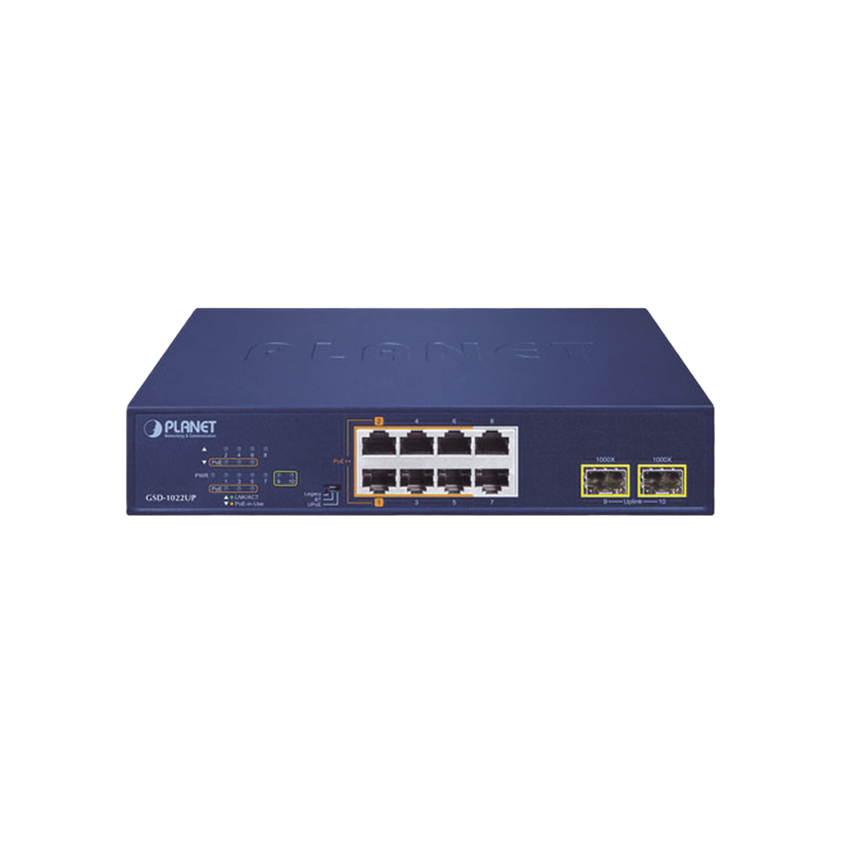 Switch PoE No Administrable de Escritorio, 2 Puertos Gigabit 802.3bt, 4 Puertos Gigabit 802.3at, 2 Puertos 10/100/1000, 2 Puertos SFP Gigabit.
