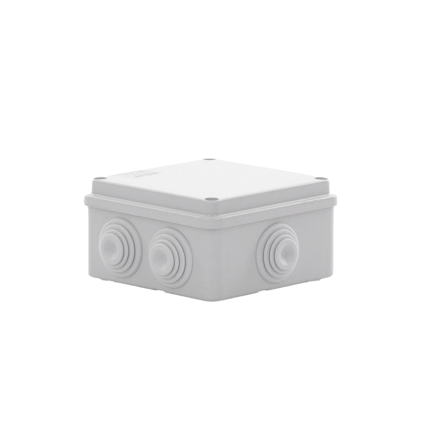 Caja Estanca de PVC Para Derivación y Conexión, 6 Entradas, Tapa Atornillada,100x100x50 mm (Área Interna), Uso Exterior IP55, Material que no Propaga el Fuego y Libre de Hálogenos