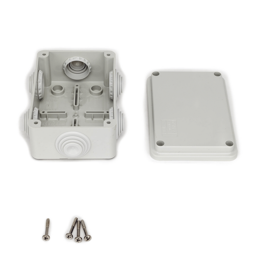 Caja Estanca de PVC Para Derivación y Conexión, 6 Entradas, Tapa Atornillada, 120x80x50 mm (Área interna), Uso Exterior IP55, Material que no Propaga el Fuego y Libre de Hálogenos