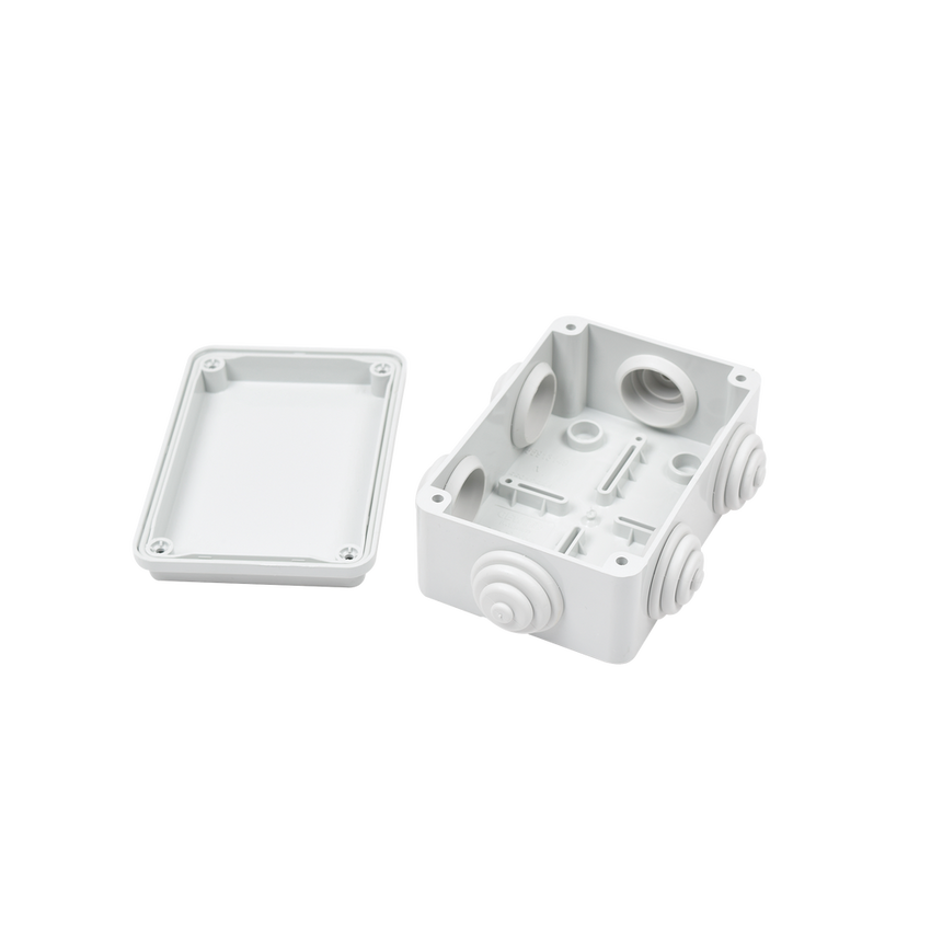 Caja Estanca de PVC Para Derivación y Conexión, 6 Entradas, Tapa Atornillada, 120x80x50 mm (Área interna), Uso Exterior IP55, Material que no Propaga el Fuego y Libre de Hálogenos