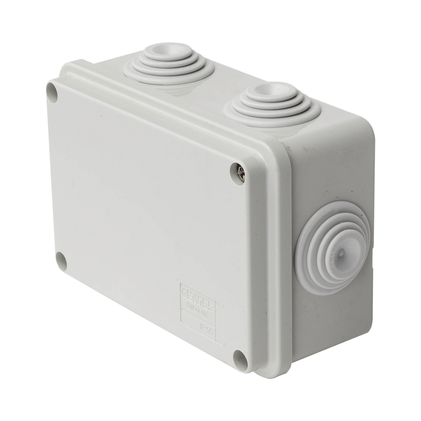 Caja Estanca de PVC Para Derivación y Conexión, 6 Entradas, Tapa Atornillada, 120x80x50 mm (Área interna), Uso Exterior IP55, Material que no Propaga el Fuego y Libre de Hálogenos