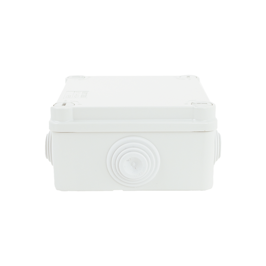 Caja Estanca de PVC Para Derivación y Conexión, 6 Entradas, Tapa con Tornillo de 1/4" de Vuelta, 100x100x50 mm (Área Interna), Uso Exterior IP55, Material que no Propaga el Fuego y Libre de Hálogenos