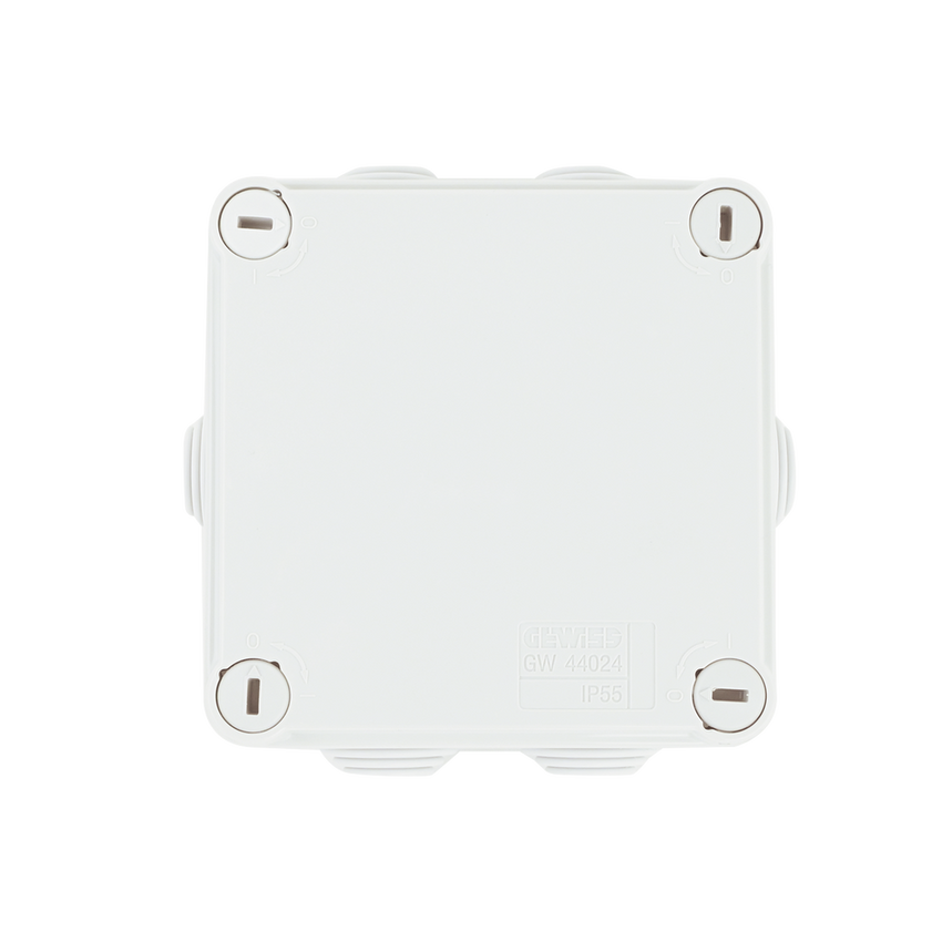 Caja Estanca de PVC Para Derivación y Conexión, 6 Entradas, Tapa con Tornillo de 1/4" de Vuelta, 100x100x50 mm (Área Interna), Uso Exterior IP55, Material que no Propaga el Fuego y Libre de Hálogenos