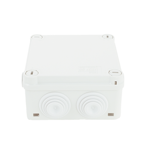 Caja Estanca de PVC Para Derivación y Conexión, 6 Entradas, Tapa con Tornillo de 1/4" de Vuelta, 100x100x50 mm (Área Interna), Uso Exterior IP55, Material que no Propaga el Fuego y Libre de Hálogenos