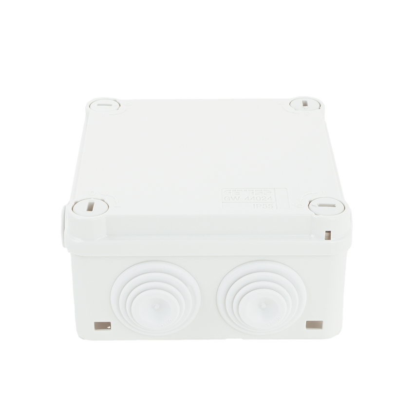 Caja Estanca de PVC Para Derivación y Conexión, 6 Entradas, Tapa con Tornillo de 1/4" de Vuelta, 100x100x50 mm (Área Interna), Uso Exterior IP55, Material que no Propaga el Fuego y Libre de Hálogenos