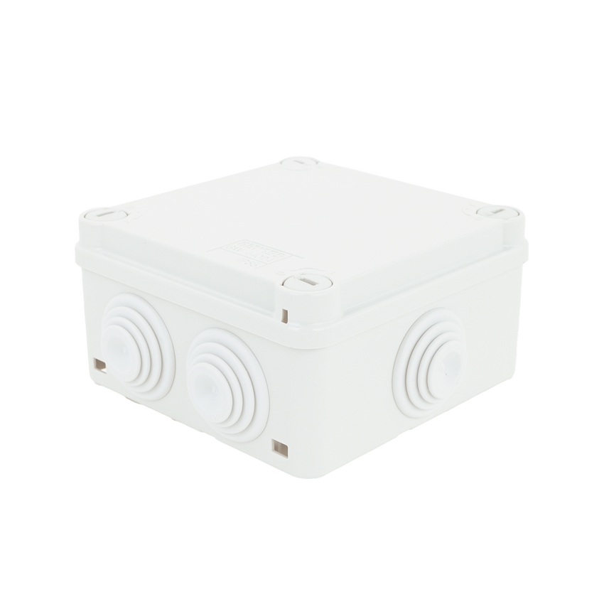 Caja Estanca de PVC Para Derivación y Conexión, 6 Entradas, Tapa con Tornillo de 1/4" de Vuelta, 100x100x50 mm (Área Interna), Uso Exterior IP55, Material que no Propaga el Fuego y Libre de Hálogenos