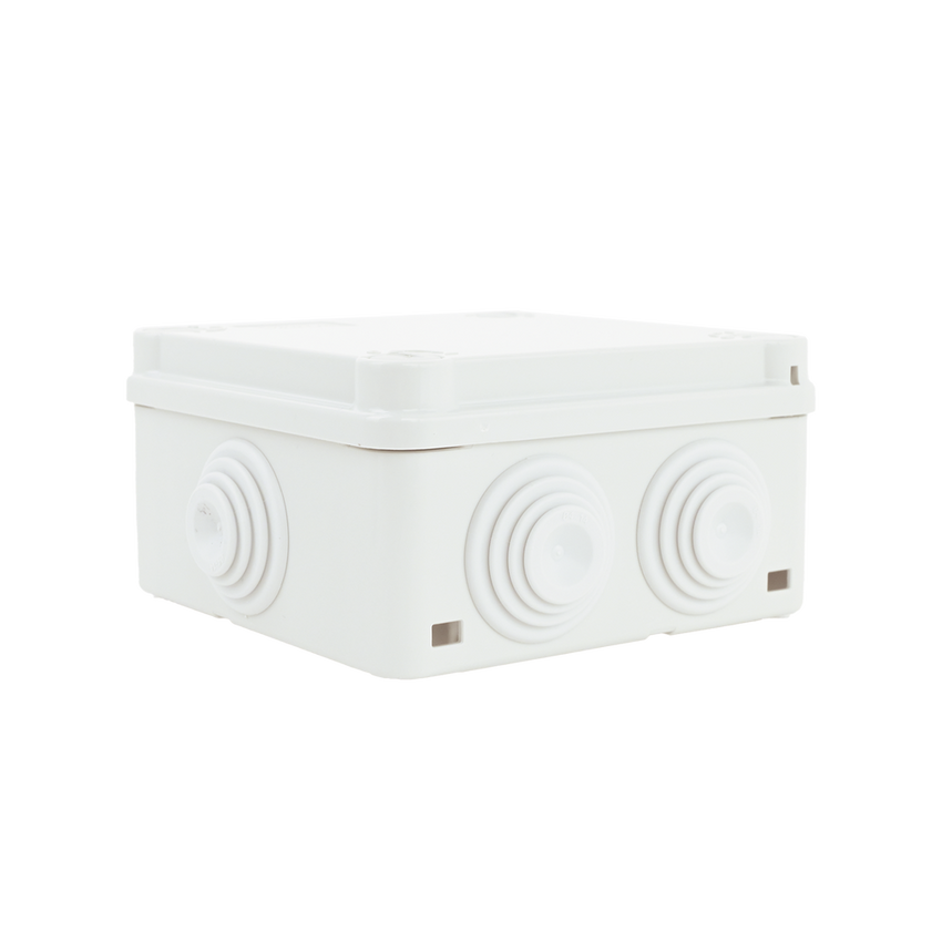 Caja Estanca de PVC Para Derivación y Conexión, 6 Entradas, Tapa con Tornillo de 1/4" de Vuelta, 100x100x50 mm (Área Interna), Uso Exterior IP55, Material que no Propaga el Fuego y Libre de Hálogenos
