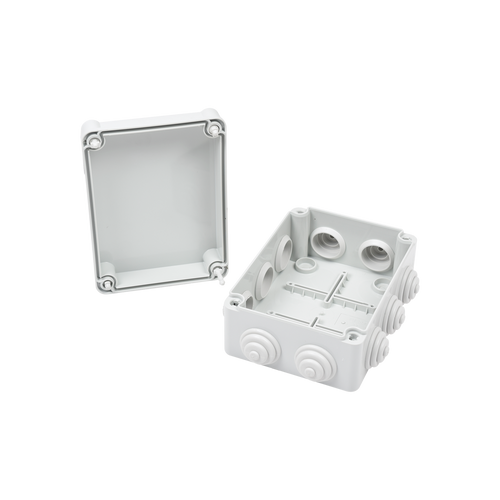 Caja Estanca de PVC Para Derivación y Conexión, 10 Entradas, Tapa con Tornillo de 1/4" de Vuelta, 150x110x70 mm (Área interna), Uso Exterior IP55, Material que no Propaga el Fuego y Libre de Hálogenos