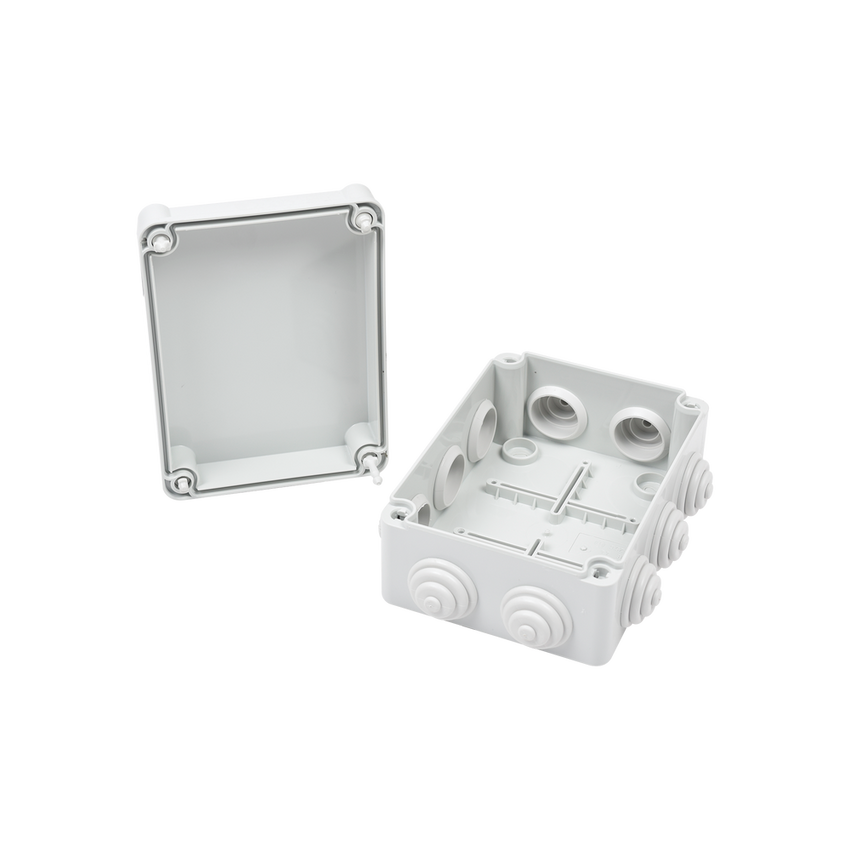 Caja Estanca de PVC Para Derivación y Conexión, 10 Entradas, Tapa con Tornillo de 1/4" de Vuelta, 150x110x70 mm (Área interna), Uso Exterior IP55, Material que no Propaga el Fuego y Libre de Hálogenos