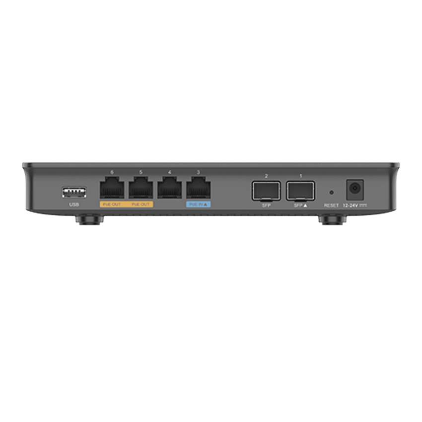 Router Gigabit VPN / Balanceador de cargas / 30,000 sesiones NAT /  4 puertos 10/100/1000 Mbps + 2 puertos SFP (WAN/LAN) / 1 puerto entrada PoE(af/at) / 2 puertos salida PoE (af/at) / Compatible con GWN Cloud.