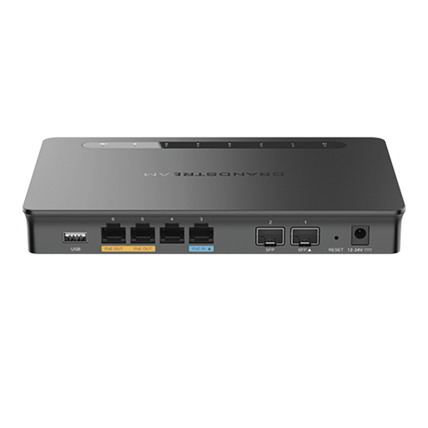 Router Gigabit VPN / Balanceador de cargas / 30,000 sesiones NAT /  4 puertos 10/100/1000 Mbps + 2 puertos SFP (WAN/LAN) / 1 puerto entrada PoE(af/at) / 2 puertos salida PoE (af/at) / Compatible con GWN Cloud.