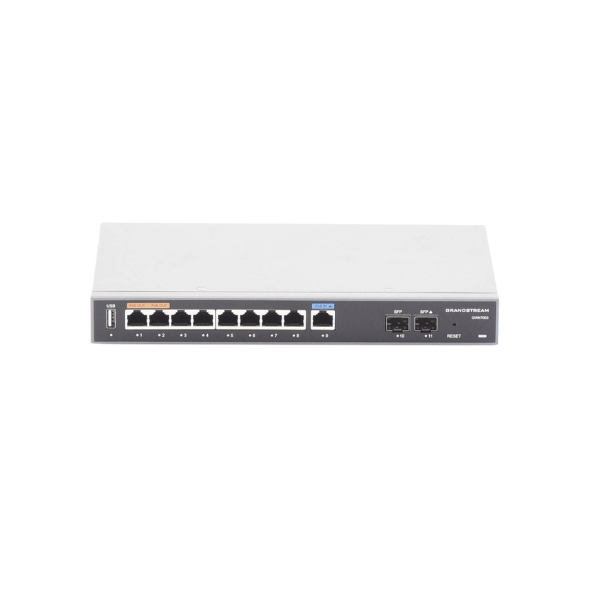 Router Gigabit VPN / Balanceador de cargas / 60,000 sesiones NAT /  9 puertos 10/100/1000 Mbps + 2 puertos SFP (WAN/LAN) / 1 puerto entrada PoE(af/at) / 2 puertos salida PoE (af/at) / Compatible con GWN Cloud.