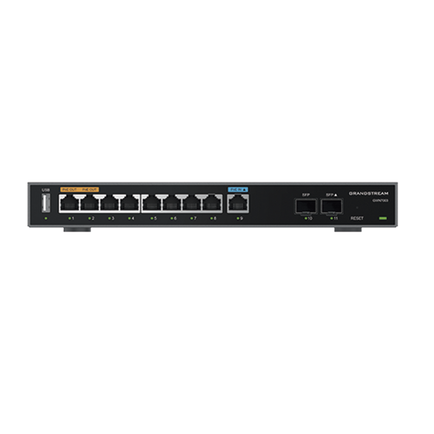 Router Gigabit VPN / Balanceador de cargas / 60,000 sesiones NAT /  9 puertos 10/100/1000 Mbps + 2 puertos SFP (WAN/LAN) / 1 puerto entrada PoE(af/at) / 2 puertos salida PoE (af/at) / Compatible con GWN Cloud.