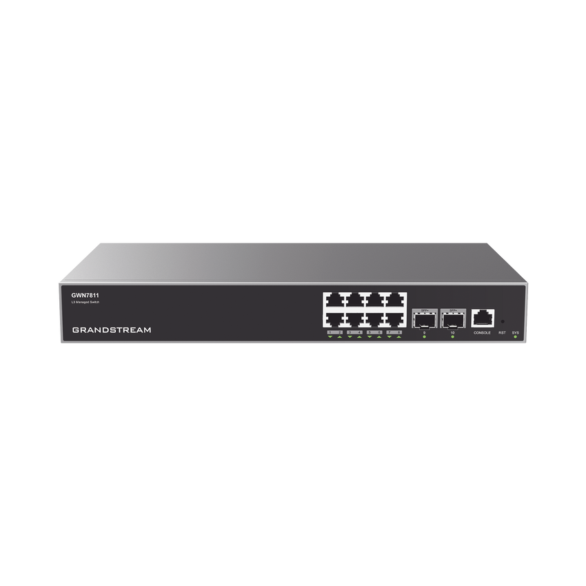 Switch Capa 3 Administrable / 8 puertos 10/100/1000 Mbps + 2 Puertos SFP+ 10 Gigabit / Compatible con GWN Cloud.