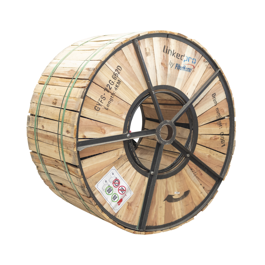 Carrete de 4 Kilómetros (13123.36 Pies) de Fibra Óptica para Exterior G.652D, Armada, Monomodo de 12 Hilos, Loose Tube, Color Negro, para Instalación en Ducto Subterráneo o Enterrado Directo