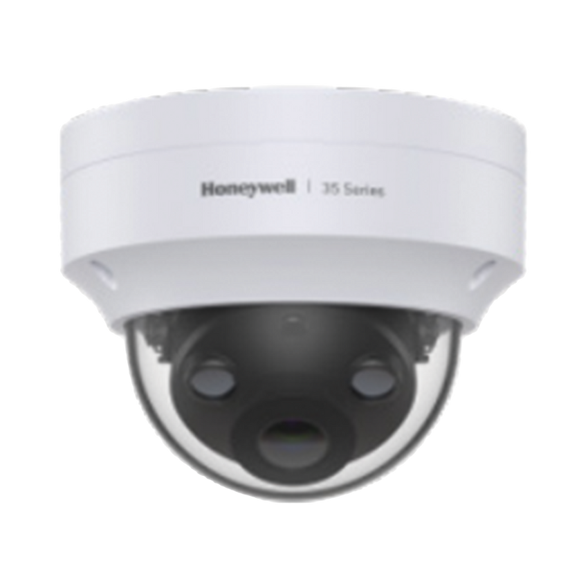 Domo IP 5 Megapíxeles / Lente 2.8 mm / 40 mts IR / Ultra Baja Iluminación /  NDAA / ONVIF / IP67 / IK10 / IA (Filtro de Humanos y Vehiculos) / Conteo de Personas / Merodeo / H.265 / PoE / Alarmas I/O / Serie 35 / Honeywell Security