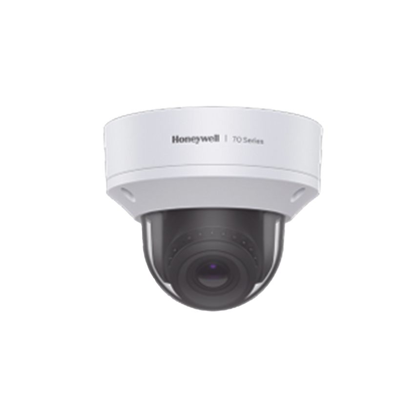 Domo IP 8 MP / Lente Mot. 3.6  a 11 mm / H.265 / NDAA / ONVIF / IK10 / WDR 130 dB / IA Avanzado Detección Sabotaje / Movimiento / Rostros / Intrusión / Merodeo / Objeto Abandonado / Alarma y Audio I/O / PoE / Serie 70 / Honeywell Security