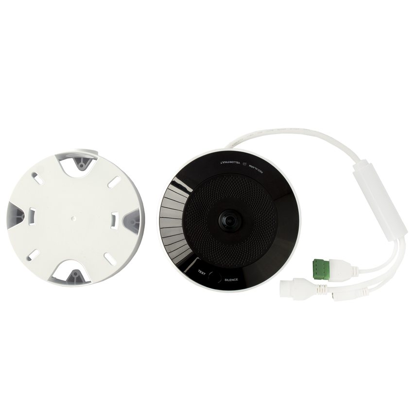 (HikFire) Mini Fisheye IP 4 Megapixel con Detector de Humo Puntual  / Autónomo / Entrada y Salida de Alarma / 15 mts IR / PoE / WDR 120 dB / Alarma de 85 dB / MicroSD 128GB / Compatible con Hik-Connect