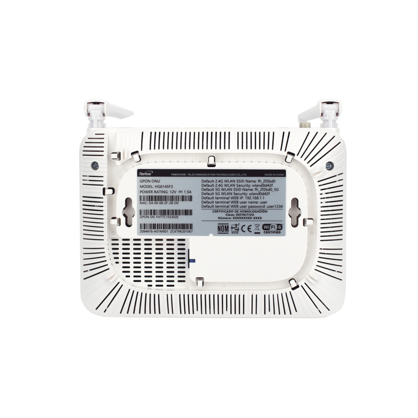 ONU GPON WiFi 6, (2.4/5 GHz), 2 Antenas de 5 dBi, Compatible con OLT de Terceros, 4 puertos Gigabit + 1 POTS + 2 USB, conector SC/UPC