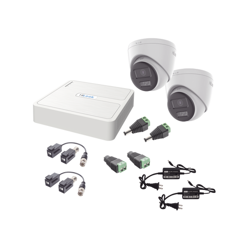 Kit HiLook Audio Bidireccional TurboHD 1080p / DVR 4 Canales / 2 Cámaras Turret (Exterior) con Bocina y Microfóno Integrado / 2 Fuentes de Poder / Accesorios