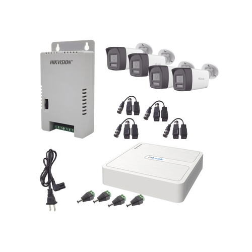 Kit HiLook Audio Bidireccional TurboHD 1080p / DVR 4 Canales / 4 Cámaras Bala (Exterior) con Bocina y Micrófono Integrado / 1 Fuente de Poder / Accesorios