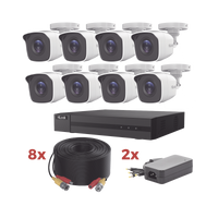 Kit TurboHD / DVR 8 Canales 1080p Lite / 8 Cámaras bala 1080p metalicas / 8 cables de 20 metros / 2 fuentes de 4 canales