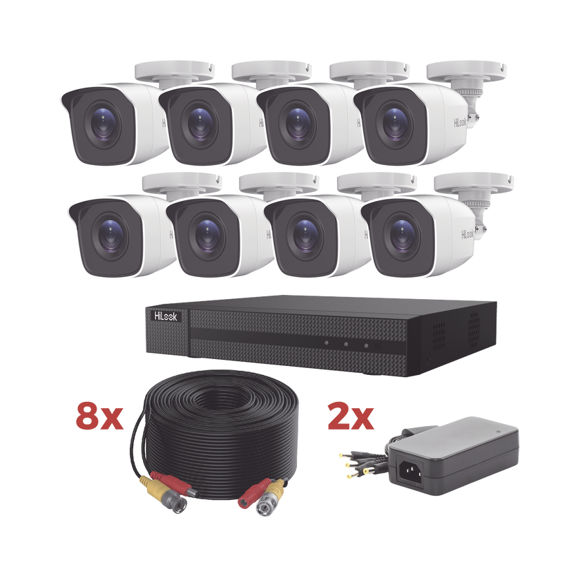 Kit TurboHD / DVR 8 Canales 1080p Lite / 8 Cámaras bala 1080p metalicas / 8 cables de 20 metros / 2 fuentes de 4 canales