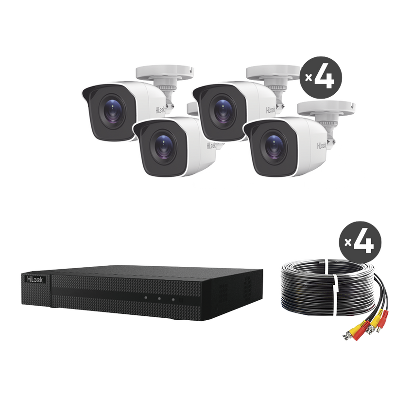 KIT TurboHD 1080p / DVR 4 canales / 4 Cámaras Bala de Metal / H.265+ / 1 Fuente de Poder Profesional / Accesorios de Instalación