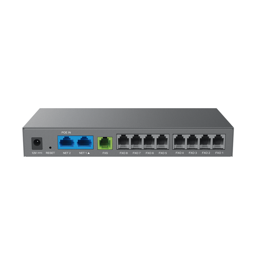 Gateway Analógico 8 FXO  (Conectar Lineas Analógicas) / 3 Perfiles SIP / 1 Puerto FXS / NAT de Alto Rendimiento / Soporte Lifeline / Fax T.38 / Cifrado AES / Failover SIP / Conferencia de Voz 3 Vías