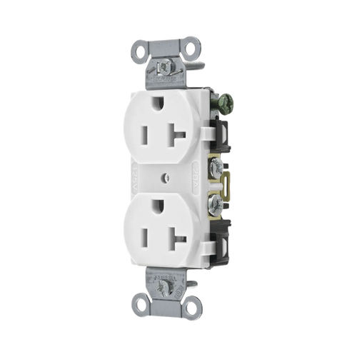 Contacto Dúplex 20 A, 125 V,  2 Polos, 3 Hilos, Cableado Posterior y  Lateral, Color Blanco (Nema 5-20R).