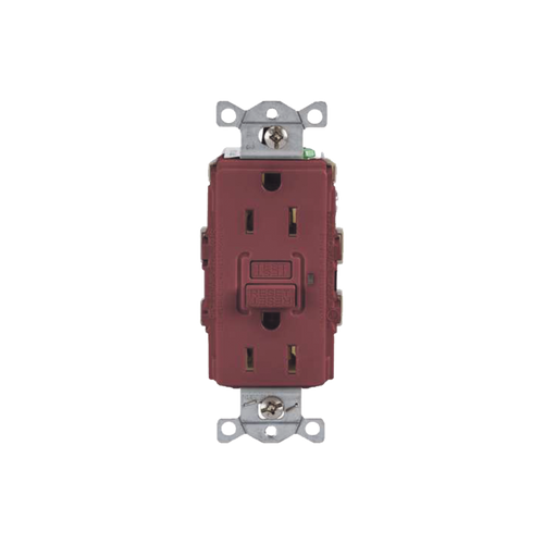 Contacto de Auto-verificación GFCI con Interruptor de Falla a Tierra de 15 A 125 V 2 Polos/ Color Rojo / Nema 5-15R / Grado Industrial Comercial.