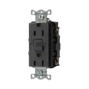 Contacto de Auto-verificación GFCI con Interruptor de Falla a Tierra de 15 A 125 V 2 Polos, 3 Hilos Color Negro (Nema 5-15R), Grado Comercial.