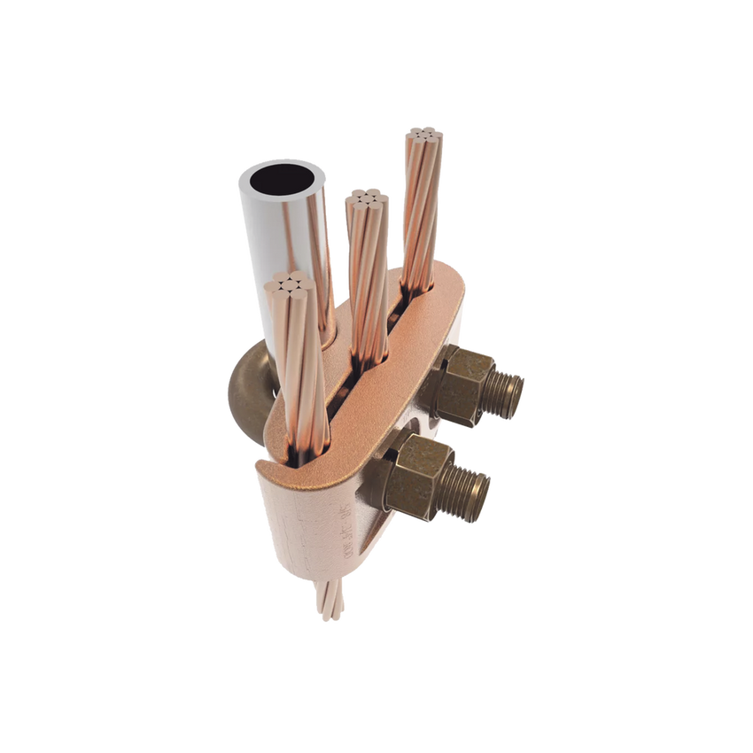 Conector Mecánico para 3 Cables para Calibre  4 AWG  - 2/0 AWG  a Tubería de 3/8" o Varilla 5/8" - 3/4" Perno 3/8".