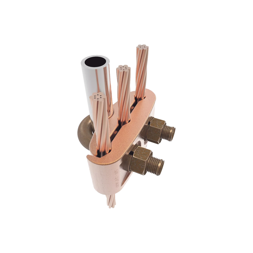 Conector Mecánico para 3 Cables para Calibre 2/0 AWG - 250 KCMIL a Tubería de 3/8"  o  Varilla 5/8" - 3/4".