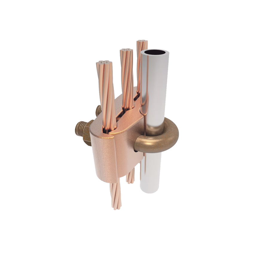 Conector Mecánico para 3 Cables para Calibre 2/0 AWG - 250 KCMIL a Tubería de 3/8"  o  Varilla 5/8" - 3/4".