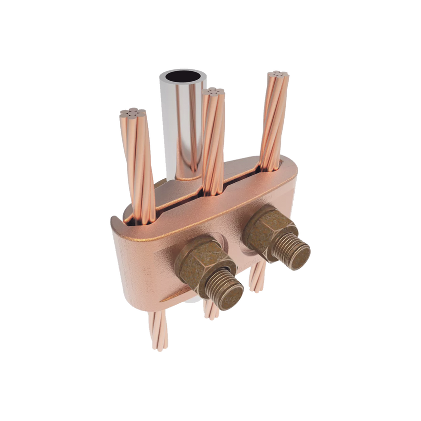 Conector Mecánico para 3 Cables para Calibre 2/0 AWG - 250 KCMIL a Tubería de 3/8"  o  Varilla 5/8" - 3/4".