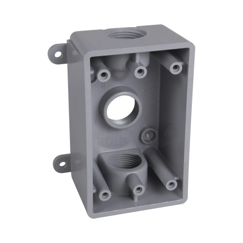Caja Impermeable de 1 Gang / Profundidad de 2"/ Cuenta con 3 Salidas roscadas para tubería de 1/2" ó 3/4"/ Color Gris.