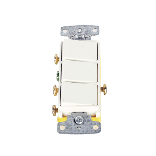 Interruptor Residencial 15 A 120 V, con 3 Bases Unipolares, Cableado lateral, Color Blanco.