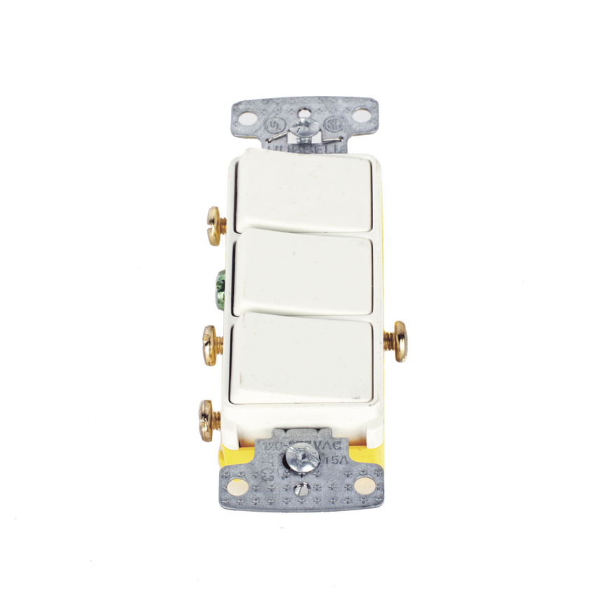 Interruptor Residencial 15 A 120 V, con 3 Bases Unipolares, Cableado lateral, Color Blanco.